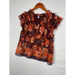 Old Navy Flutter Sleeve Blouse Women M Maroon Floral Chiffon Boho Peasant Office